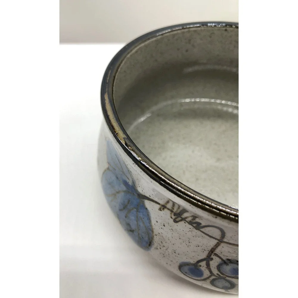 Artisan Stoneware Pottery Set‎ Blue Leaf Speckled Gray Divided Dish & Deep Bowl